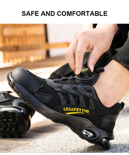 Männer Sicherheitsschuhe mit rotierenden Knöpfen, Stahlkappe, Arbeitsschuhe, unzerstörbare Schuhe, pannensichere Arbeitsstiefel, Luftpolster-Sicherheitsschuhe