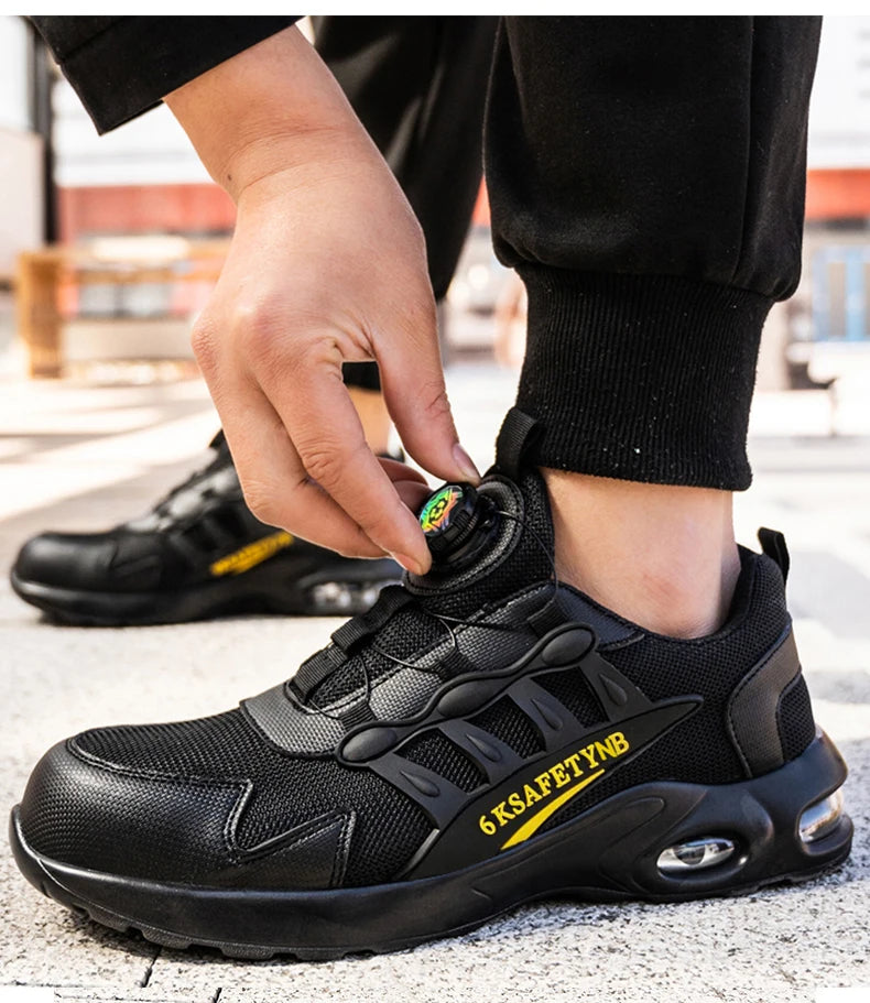 Männer Sicherheitsschuhe mit rotierenden Knöpfen, Stahlkappe, Arbeitsschuhe, unzerstörbare Schuhe, pannensichere Arbeitsstiefel, Luftpolster-Sicherheitsschuhe